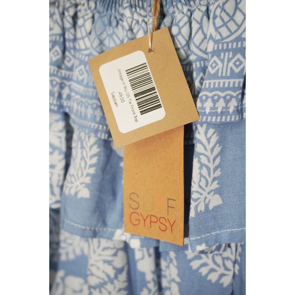 NWT Blue Milkmaid Cottage Cropped Blouse Off Shoulder Prairie Ruffle Sleeve M - Picture 7 of 8
